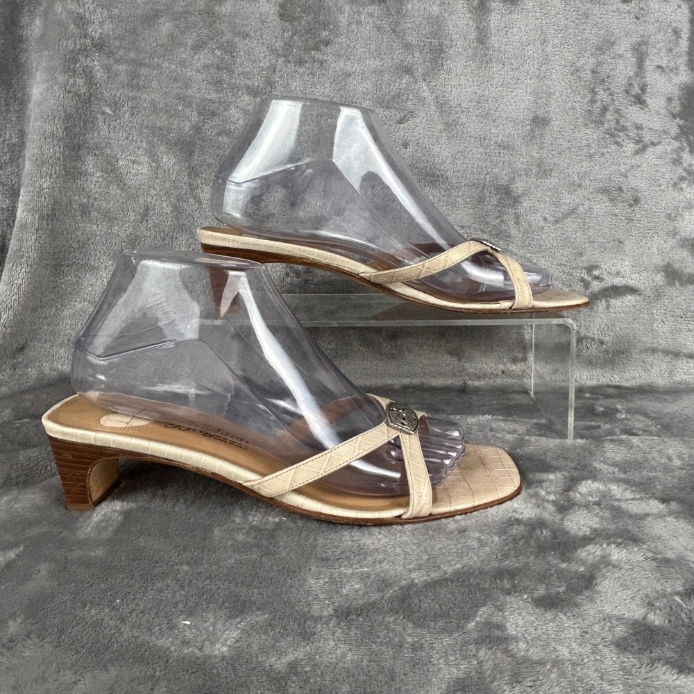 Brighton Kiki Cream Croc Embossed Leather Sandals Square Toe Low Heel Italy 8.5